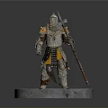 Man In Detailed Armor Statue Holding Long Staff On Circular Pedestal