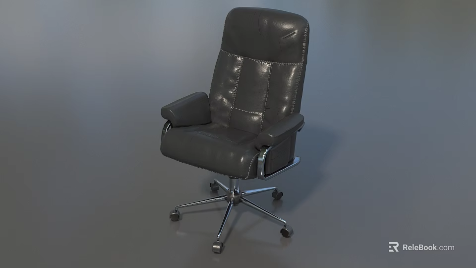 Black Leather Office Chair With High Back Armrests Silver Metal Base And Wheels 3d model 