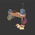 Vintage Office Scene With Wooden Desk Typewriter Radio And Scattered Papers
