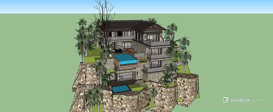 Modern Detached Villa On Hillside With Swimming Pools Palm Trees And Rocky Landscape 3d model 