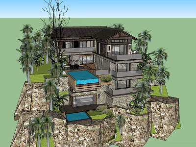 Modern Detached Villa On Hillside With Swimming Pools Palm Trees And Rocky Landscape 3d model
