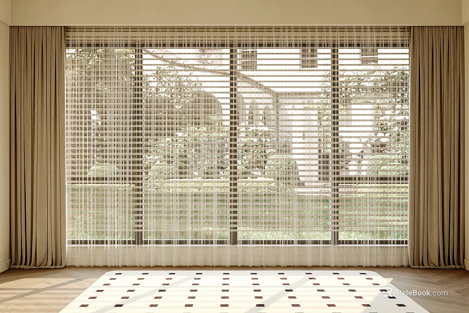 Modern Beige Sheer Curtains for Floor to Ceiling Windows with Natural Light and Outdoor Greenery 3d model 