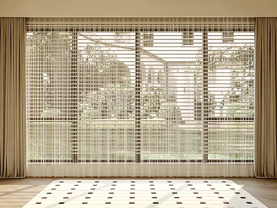 Modern Beige Sheer Curtains for Floor to Ceiling Windows with Natural Light and Outdoor Greenery 3d model