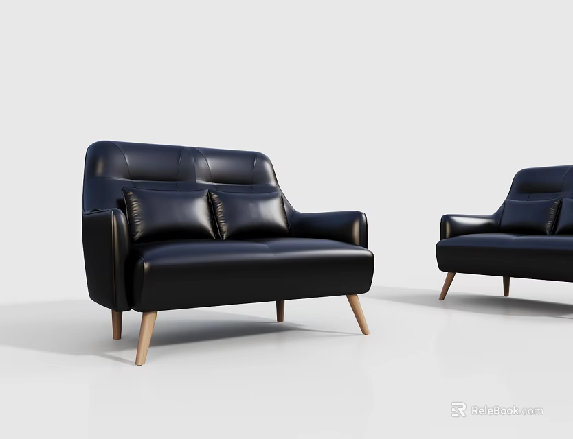 Black Leather Two Seater Sofa With Wooden Legs Modern Stylish Design 3d model
