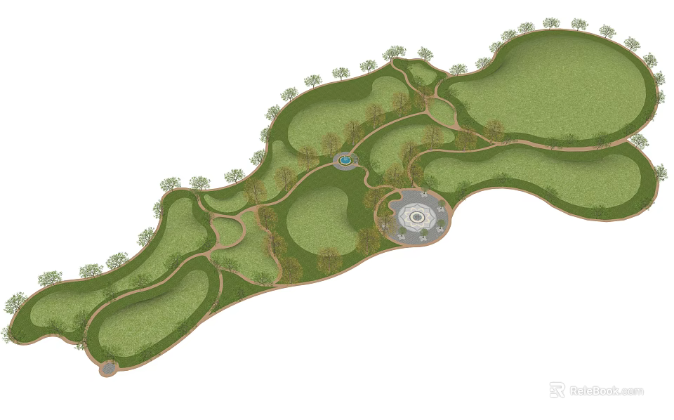 Park Landscape Design With Winding Paths Green Lawns Trees And Circular Central Area 3d model 