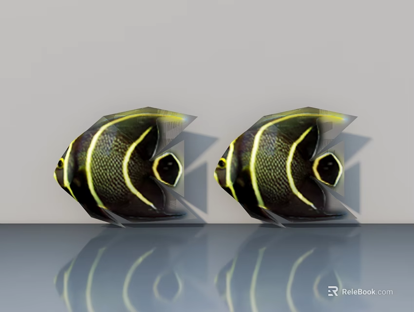 Decorative Fish Ornament Set With Black Yellow Stripes On Reflective Surface 3d model 