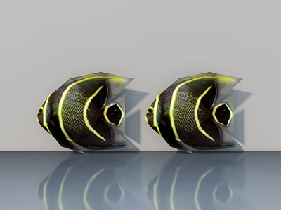 Decorative Fish Ornament Set With Black Yellow Stripes On Reflective Surface 3d model
