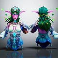 Detailed Elven Fantasy Character Creature With Green Hair Pink Ears Leaf Decorations Blue White Outfit