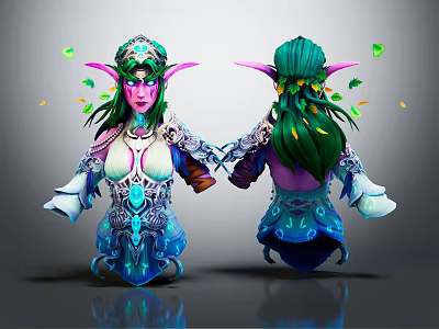 Detailed Elven Fantasy Character Creature With Green Hair Pink Ears Leaf Decorations Blue White Outfit 3d model