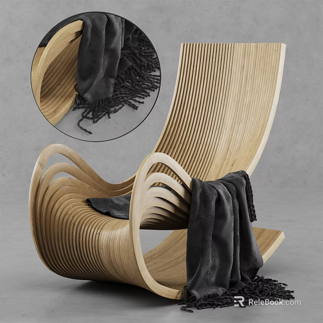 Modern Wooden Leisure Chair with Curved Design and Black Blanket Accent 3d model 