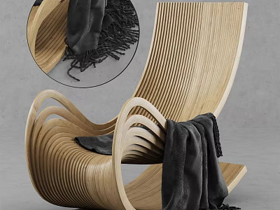 Modern Wooden Leisure Chair with Curved Design and Black Blanket Accent 3d model