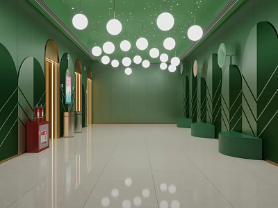 Elevator Hallway Featuring Green Walls Round Pendant Lights White Tiled Floor And Green Seats 3d model