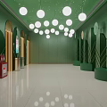 Elevator Hallway Featuring Green Walls Round Pendant Lights White Tiled Floor And Green Seats