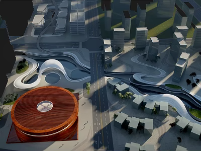 Modern Urban Office Building Complex With Curved Roads And Green Spaces 3d model