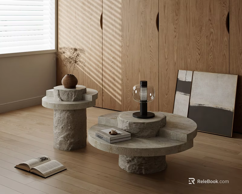Modern Natural Stone Coffee Tables With Lantern Lamp Books On Wooden Floor And Wooden Wall 3d model 