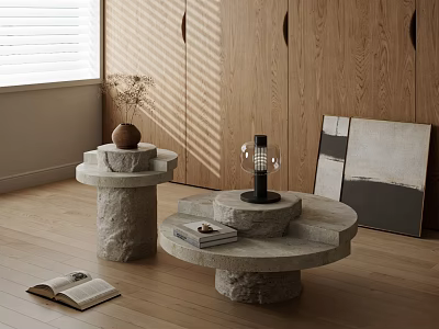 Modern Natural Stone Coffee Tables With Lantern Lamp Books On Wooden Floor And Wooden Wall 3d model