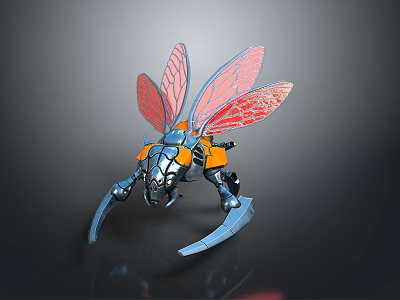 Mechanical Cosmic Insect with Transparent Red Wings and Metallic Blue Orange Body for Space Exploration 3d model