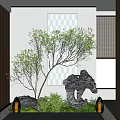 Interior Landscape Design With Green Tree Decorative Rocks Wooden Walls And Lantern Lamps