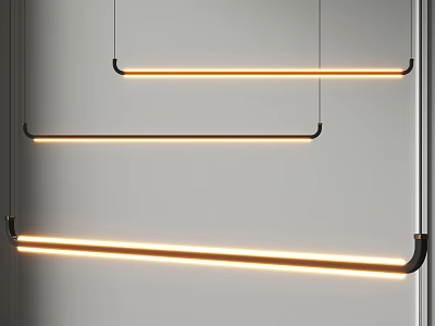 Modern Linear Pendant Lights With Warm Yellow Glow Hanging On White Wall 3d model