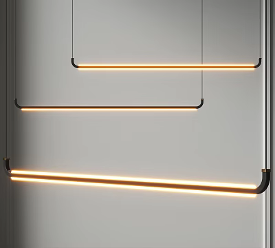 Modern Linear Pendant Lights With Warm Yellow Glow Hanging On White Wall 3d model