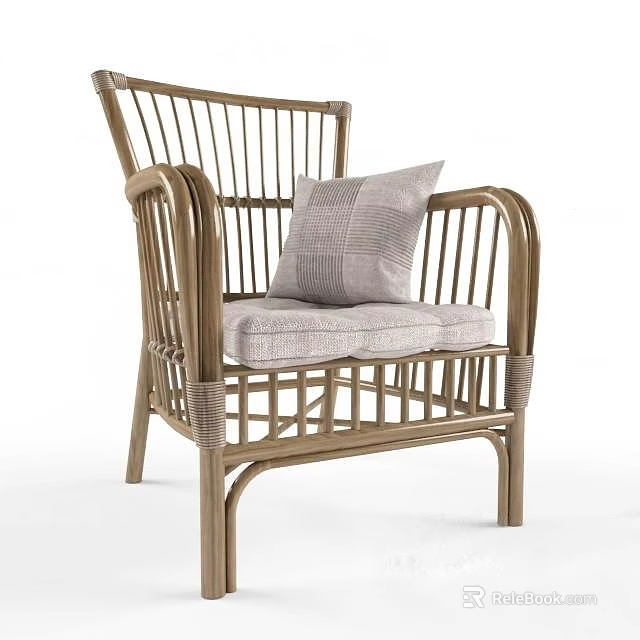 Natural Rattan Armchair With Light Gray Cushions And Open Frame Design 3d model 