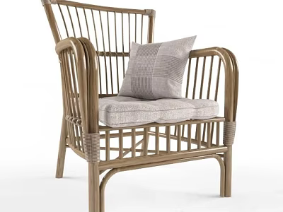 Natural Rattan Armchair With Light Gray Cushions And Open Frame Design 3d model