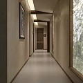 Modern Hotel Corridor Interior With Recessed Lighting Wall Art And Large Windows