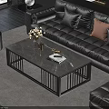 Modern Black Leather Sofa And Marble Top Coffee Table With Pillows Decorations Ottoman