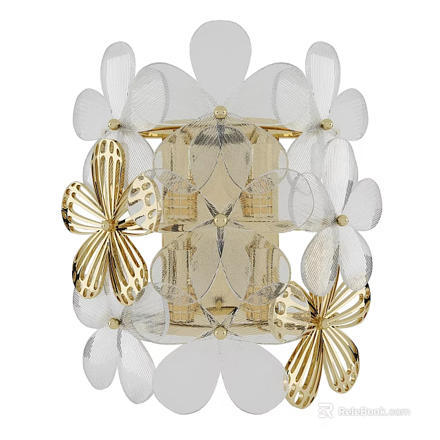 Elegant Modern Wall Lamp With Transparent Petal Shades And Golden Butterfly Accents 3d model 