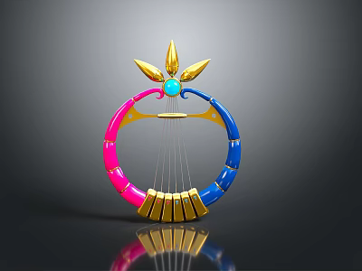Colorful Stringed Musical Instrument With Pink Blue Gold Ring Design Leaf Ornament And Blue Gemstone 3d model
