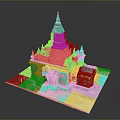 Ancient Temple Model With Pagoda Structure Decorative Spires And Brown Orange Design
