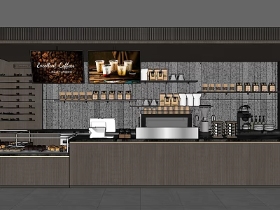 Modern Cafe Counter With Coffee Beans Cups Machine And Pastries 3d model