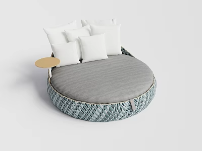 Round Gray Bean Bag Sofa With Blue White Checkered Trim White Pillows And Tray Table 3d model