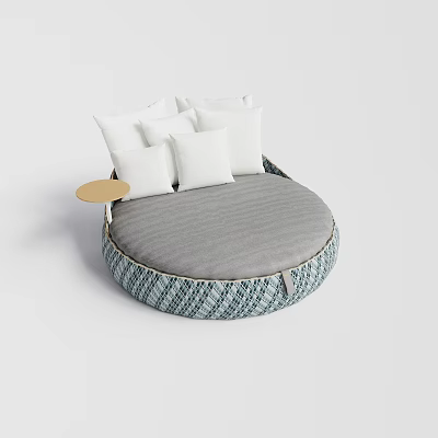 Round Gray Bean Bag Sofa With Blue White Checkered Trim White Pillows And Tray Table 3d model