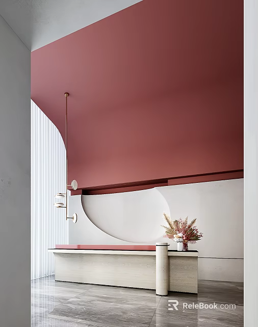 Minimalist Reception Desk With Curved Counter Pink Wall And Flower Vase Decoration 3d model 