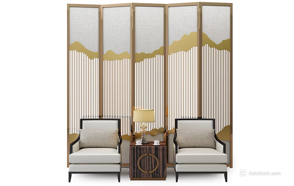 Casual Sofa Set with Golden Mountain Pattern Screen Vertical Lines Side Table and Table Lamp 3d model