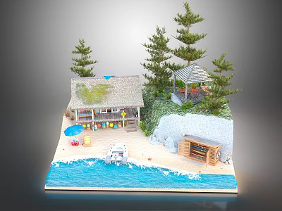 Cartoon Beach Scene With Thatched Hut Trees Boat Umbrella And Water Decorations 3d model
