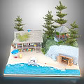 Cartoon Beach Scene With Thatched Hut Trees Boat Umbrella And Water Decorations