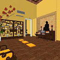 Traditional Religious Worship Interior with Yellow Walls Wooden Floors Chinese Furniture and Altar Statue