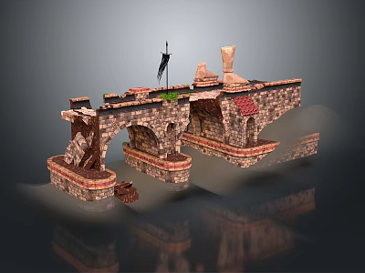 Ancient Stone Bridge 3D Model with Arched Design Flag Damaged Structure and Water Reflection 3d model