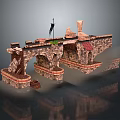 Ancient Stone Bridge 3D Model with Arched Design Flag Damaged Structure and Water Reflection 3d model