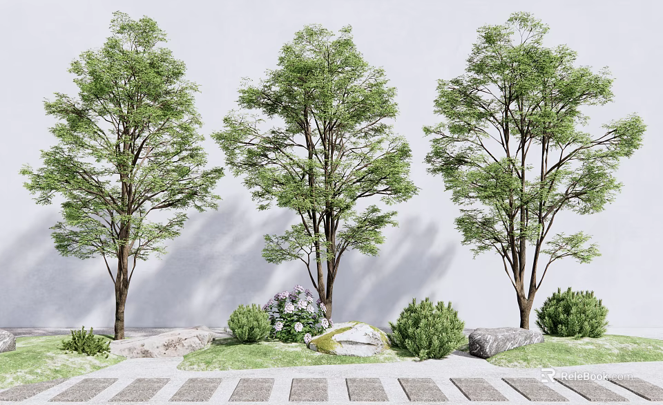 Three Arbor Trees With Green Leaves And Small Shrubs Near Stones On Paved Path 3d model 
