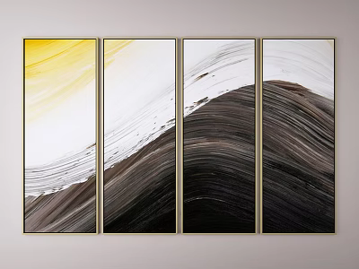Modern Abstract Wall Art with Four Panels Yellow White Gray Black Wavy Lines 3d model
