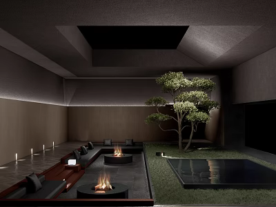 Modern Hotel Public Lounge Area With Fire Pits Green Plants And Water Features 3d model