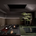 Modern Hotel Public Lounge Area With Fire Pits Green Plants And Water Features