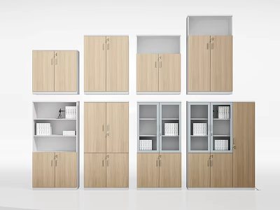 Light Wood Storage Cabinets With Different Designs Open Shelves And Closed Doors 3d model