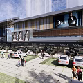 Modern Commercial Landscape With Contemporary Glass Facade Building Green Lawn Shrubs And Trees