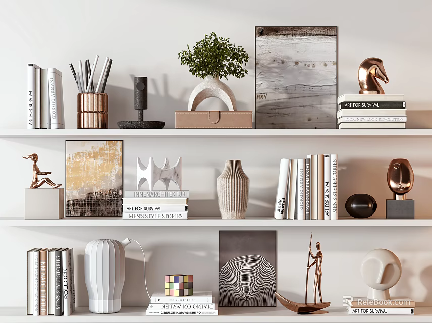 Decorative Ornaments Set on Shelves with Books Small Plant Metal Figurines Vases Framed Art 3d model 