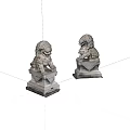 Classic Two Traditional Stone Lion Landscape Sculptures With Decorative Bases