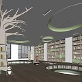 Spacious Kindergarten Reading Space With Tree Shaped Decoration Panda Doll And Circular Green Ceiling 3d model